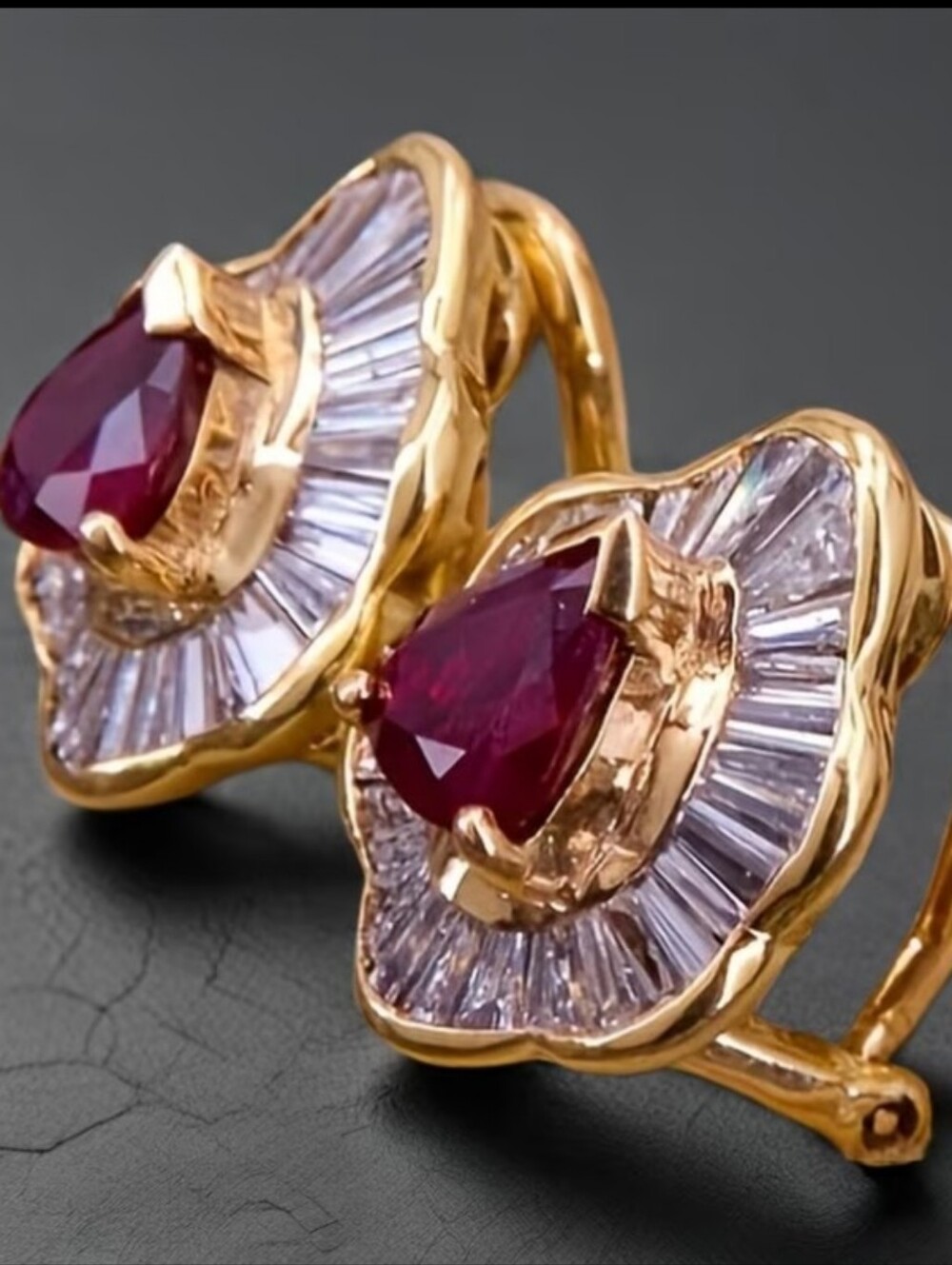 NEW! 14K Gold Plated 2ct Ruby  And CZ Baguette Stones Clip-On Earrings